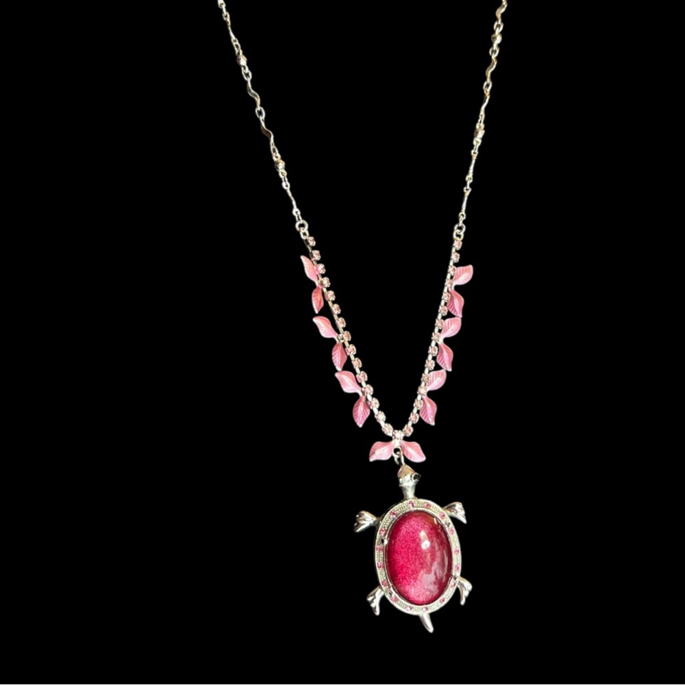 Silver Tone Pink Cabochon Turtle Necklace By Neoglory